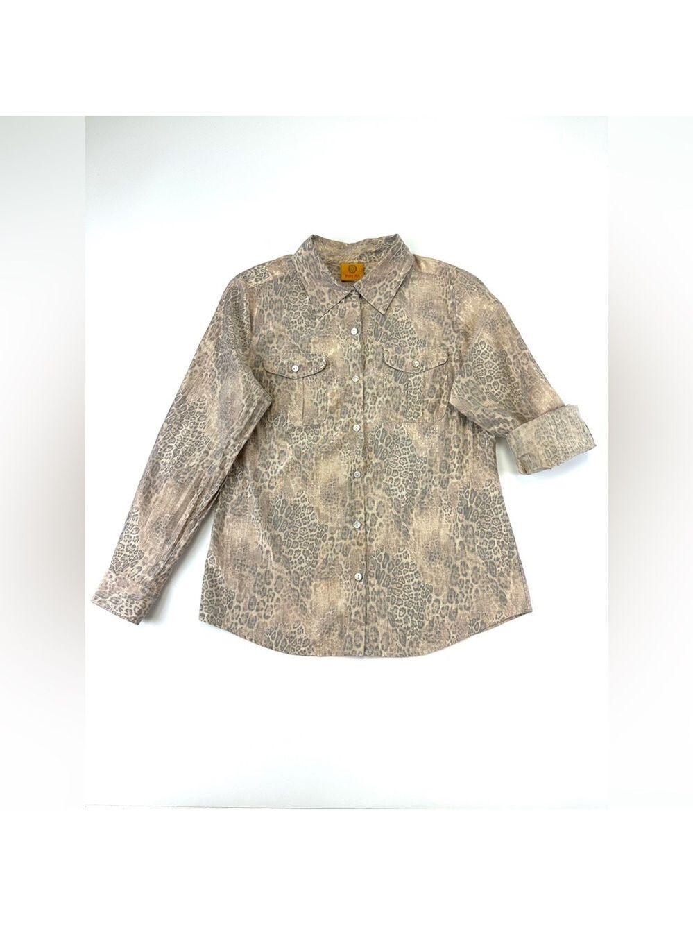 Ruby Road gold cheetah blouse Small roll tab sleeve metallic Animal print
